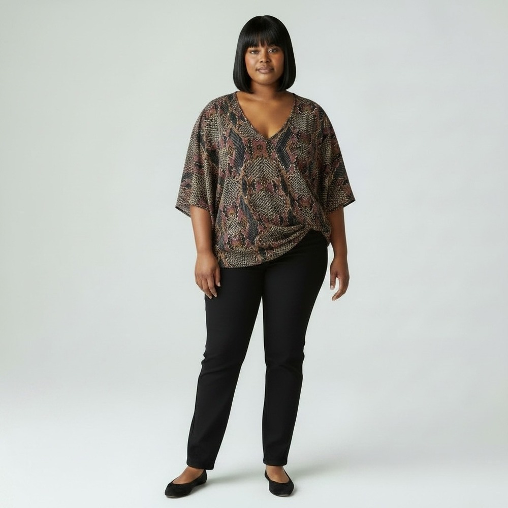 Adrienne Blouse Women‎ Size M Brown Purple Snakeskin Dolman V-Neck Top